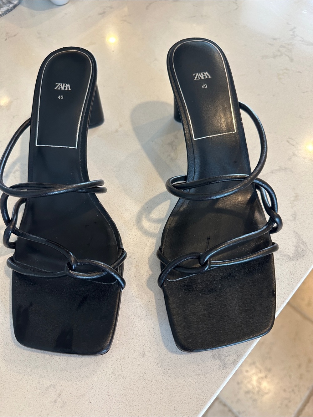 ZARA Black Knotted Strappy Square-Toe Mid Block Heels